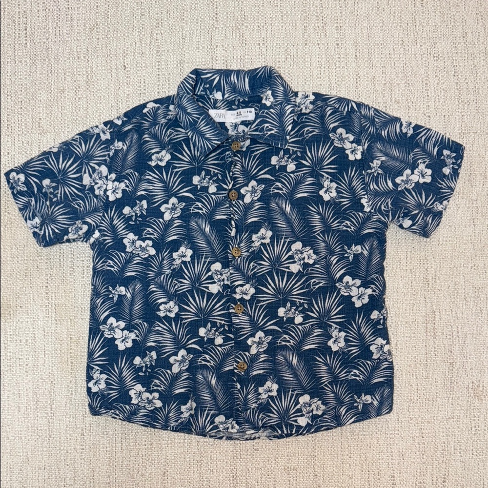 Zara Kids Blue and White Button Down Shirt with Tropical Print